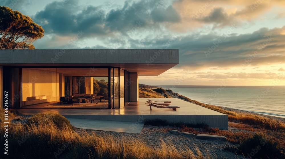 Fototapeta premium Modern Coastal Home Sunset Ocean View