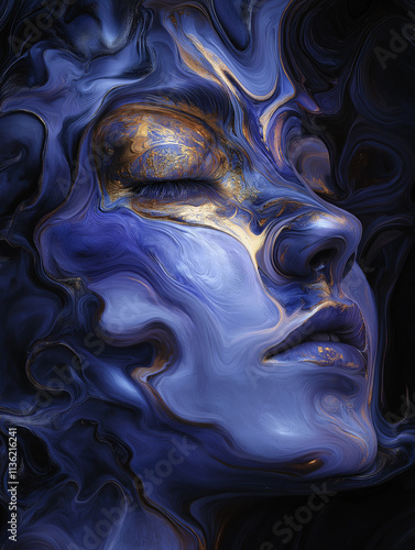 Abstract Liquid Woman Face Art, Deep Blue and Gold. Concept of beauty, surrealism, and fluid design.
