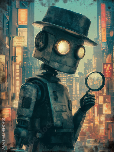 Steampunk robot detective in a futuristic city. Concept of mystery, investigation, and technology.