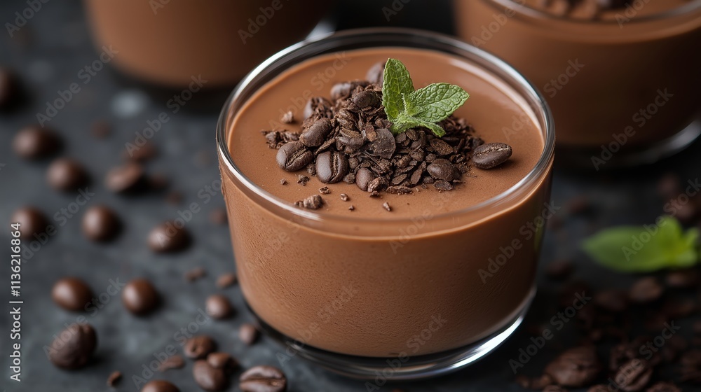 Delightful chocolate mousse with coffee beans and mint garnish Delightful chocolate mousse with coffee beans and mint garnish