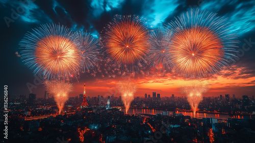 Colorful Fireworks over Tokyo City Skyline at Sunset. Celebration, Festivity, and Cityscape.