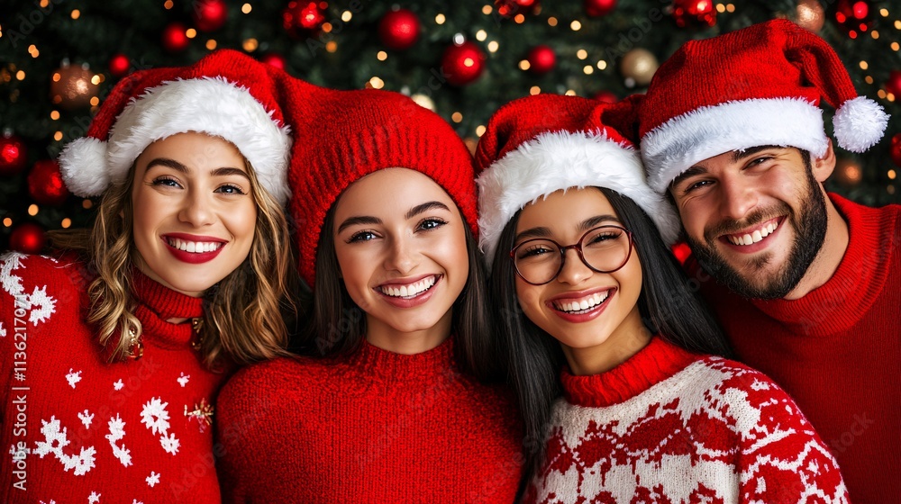 Friends smiling and wearing christmas clothes and hats by christmas tree Friends smiling and wearing christmas clothes and hats by christmas tree