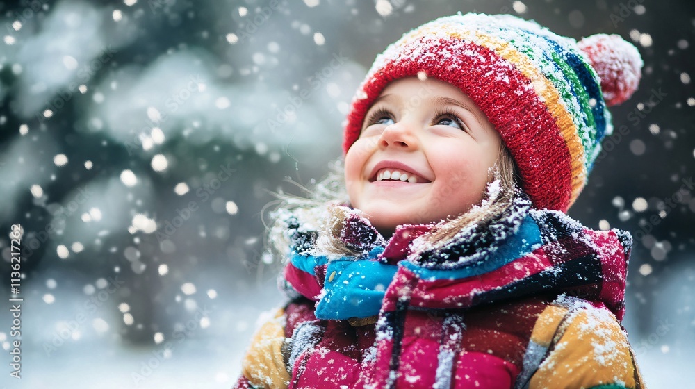 Happy child enjoying falling snow in winter forest Happy child enjoying falling snow in winter forest