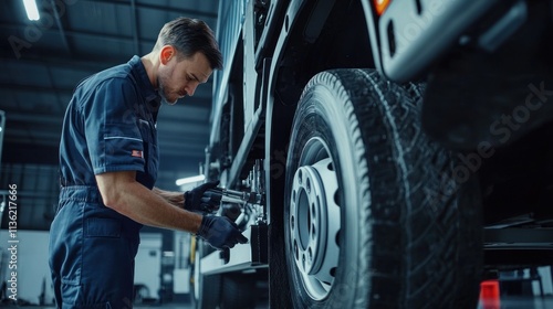 A mechanic checking the suspension of a truck with a diagnostic tool in a professional auto repair workshop.