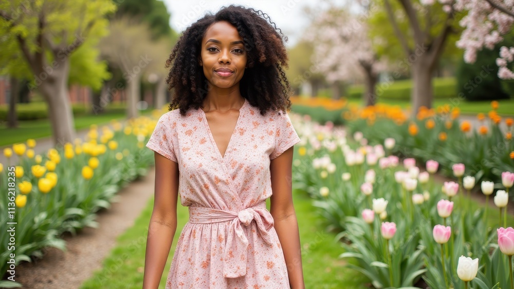 Naklejka premium Spring season styles: a fresh collection of floral dresses, light blouses, and pastel skirts, showcased in a blooming garden