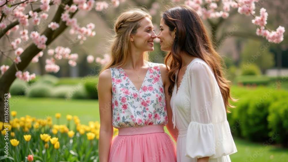 Naklejka premium Spring season styles: a fresh collection of floral dresses, light blouses, and pastel skirts, showcased in a blooming garden