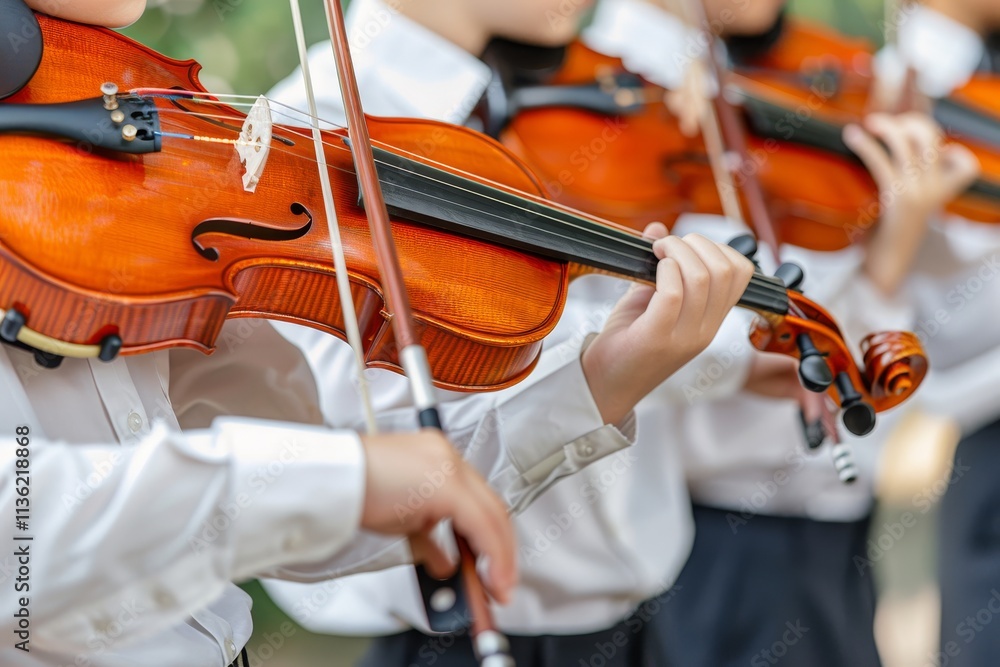 Captivating moment of children joyfully playing the violin in a colorful setting Captivating moment of children joyfully playing the violin in a colorful setting