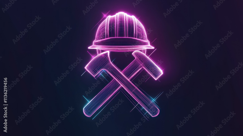 Obraz premium A minimalist animated icon of a mining helmet and crossed tools, with glowing line effects on a transparent background