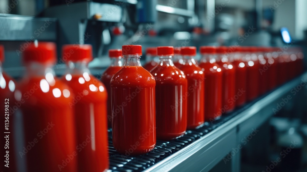 A sauce production line factory with blending and mixing tanks, automated bottling machines, and a streamlined packaging process. A sauce production line factory with blending and mixing tanks, automated bottling machines, and a streamlined packaging process.