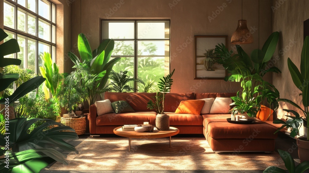 Fototapeta premium modern living room with cozy furniture, natural lighting, and indoor plants, warm and inviting ambiance