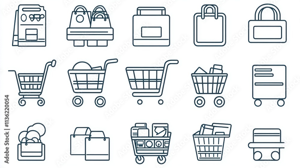 A set of 45 outline icons featuring shopping carts, baskets, and credit cards, designed with editable strokes for a clean vector look A set of 45 outline icons featuring shopping carts, baskets, and credit cards, designed with editable strokes for a clean vector look