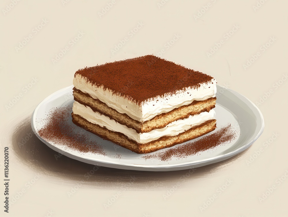 A delicious slice of tiramisu on a plate, showcasing its layers and cocoa dusting. A delicious slice of tiramisu on a plate, showcasing its layers and cocoa dusting.