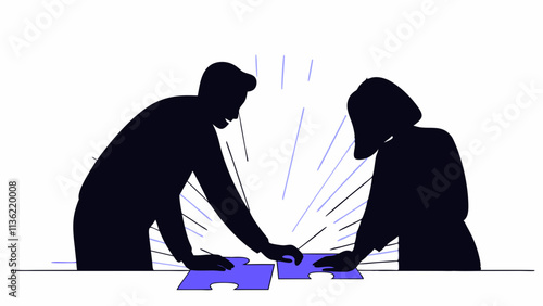 Two silhouetted figures are collaboratively working on two large interlocking puzzle pieces, with light rays emanating from the pieces. Their focused postures suggest teamwork and problem-solving. AI 