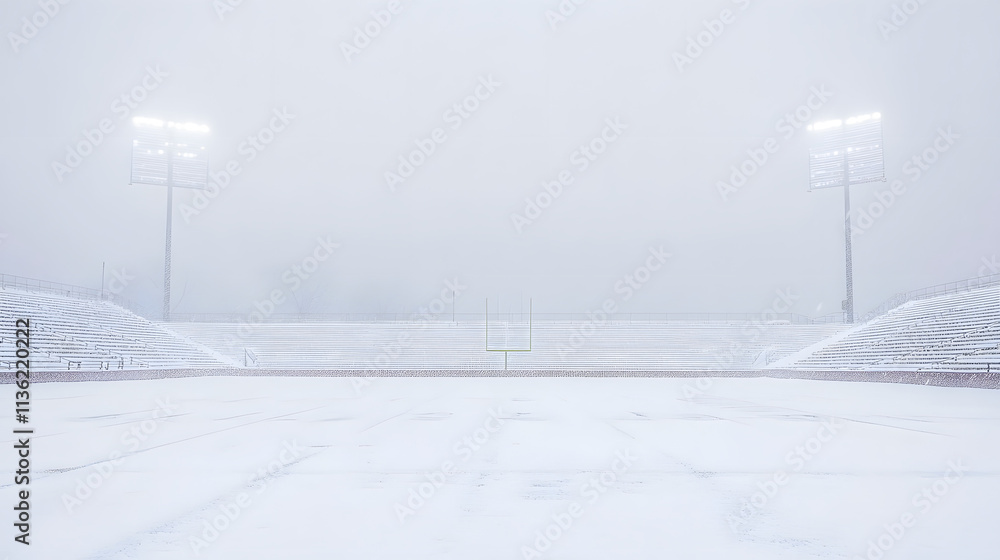 A large stadium covered in snow with empty bleachers, capturing the serene stillness and solitude of an unused sports venue, highlighting the contrast between the energy of a filled stadium and the pe A large stadium covered in snow with empty bleachers, capturing the serene stillness and solitude of an unused sports venue, highlighting the contrast between the energy of a filled stadium and the pe
