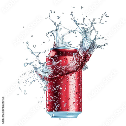 A mockup of a flying soda can surrounded by dynamic water splashes, isolated on a transparent background, ideal for beverage or advertising designs.