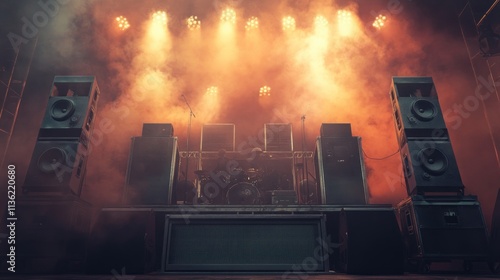 A stage setup for a rock concert, featuring massive speakers, lights, and fog machines.