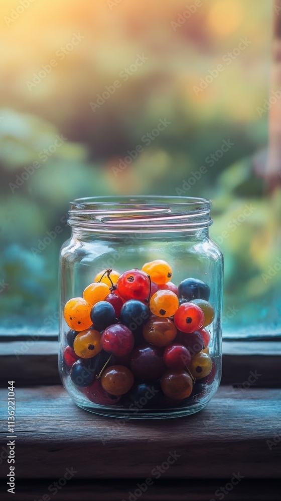 glass jar filled with fresh colorful berries, soft background lighting, focus on freshness and natural abundance glass jar filled with fresh colorful berries, soft background lighting, focus on freshness and natural abundance