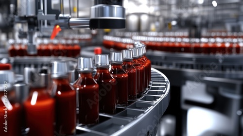 A streamlined sauce production line factory with automated equipment processing, filling, and packaging sauce bottles. photo