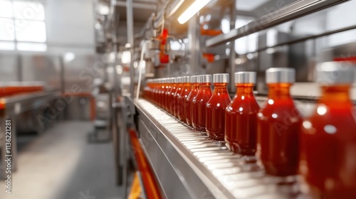 A streamlined sauce production line factory with automated equipment processing, filling, and packaging sauce bottles. photo