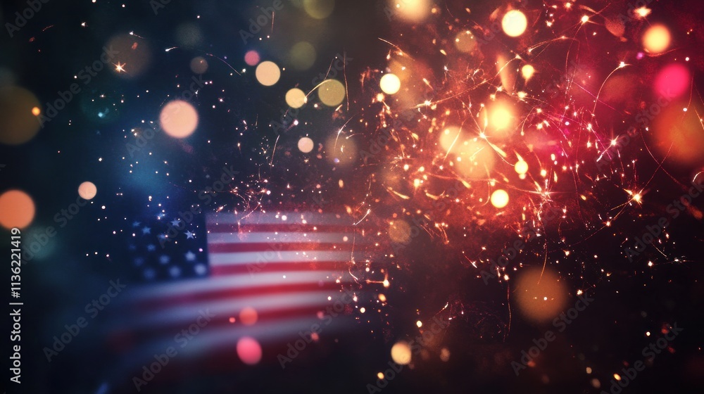 Obraz premium A stunning night scene of the American flag surrounded by colorful fireworks, with bokeh lights adding an abstract, magical effect.