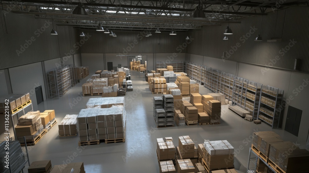 modern warehouse with packages, bright lighting, organized shelves, logistics and distribution center, clean environment, high detail, industrial efficiency, wide-angle view modern warehouse with packages, bright lighting, organized shelves, logistics and distribution center, clean environment, high detail, industrial efficiency, wide-angle view
