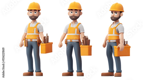 Cartoon construction worker with toolbox in three poses, construction worker character vector art