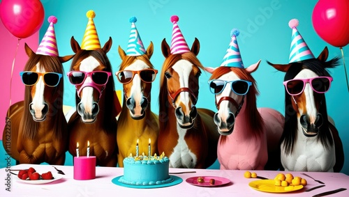 Party horses, colorful party hats, sunglasses, funny expressions, vibrant background, celebration, whimsical, comical animal portrait, group photo, anthropomorphic, festive mood, bright colors, humoro photo