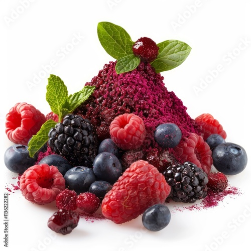 Vibrant pile of fresh raspberries, blackberries, blueberries, and cranberries surrounds a mound of rich, powdered berry supplement photo