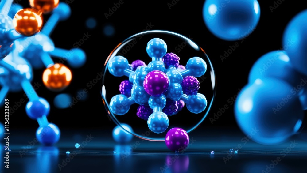 abstract molecular structure, vibrant glowing spheres, blue and orange orbs, interconnected atoms, dynamic 3D rendering, scientific visualization, neon colors, dark background, high contrast, microsco abstract molecular structure, vibrant glowing spheres, blue and orange orbs, interconnected atoms, dynamic 3D rendering, scientific visualization, neon colors, dark background, high contrast, microsco