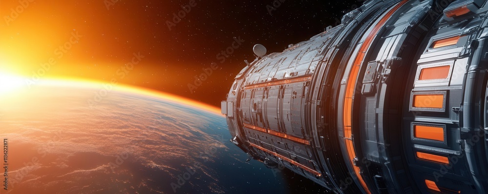 A futuristic spacecraft orbits a vibrant planet as the sun rises, illuminating the scene with warm, glowing colors. A futuristic spacecraft orbits a vibrant planet as the sun rises, illuminating the scene with warm, glowing colors.