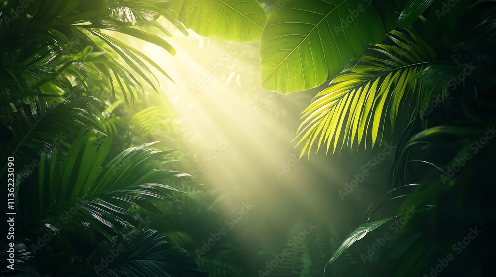 Sunlight streams through lush green leaves in a vibrant tropical jungle. Sunlight streams through lush green leaves in a vibrant tropical jungle.