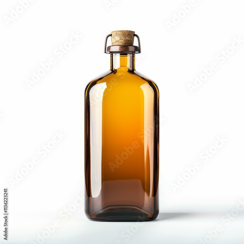 Studio shot of an empty amber glass bottle with a swing top stopper, isolated on a white background, creating a sleek and minimalist aesthetic