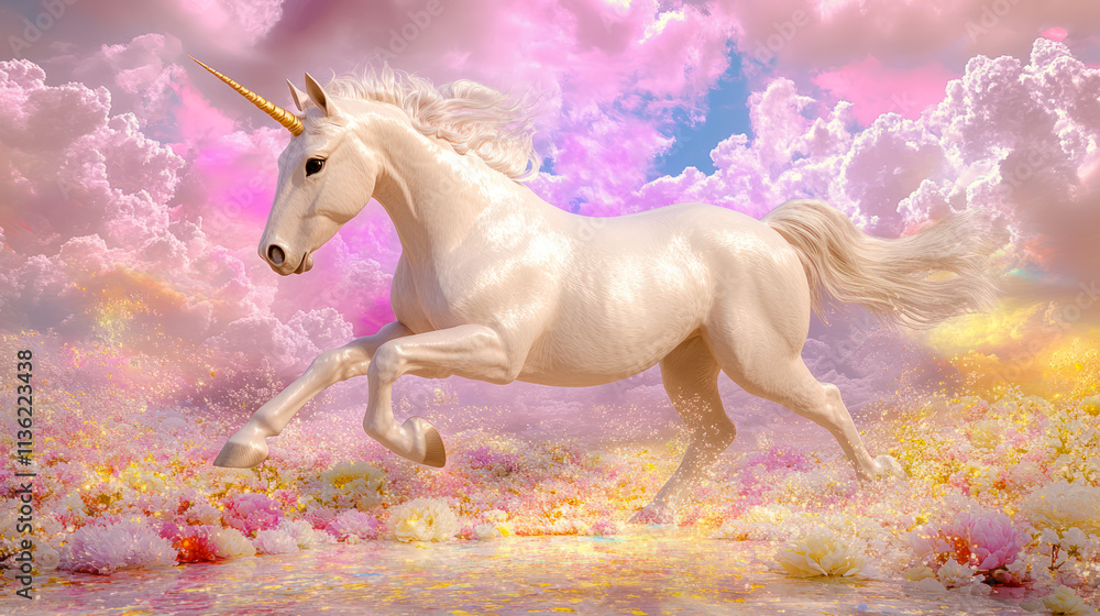 Naklejka premium Pink unicorn in dream-like pinkish meadow
