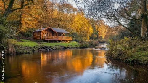 Wallpaper Mural log cabin by the river, surrounded by autumn trees, soft sunlight reflecting on water, perfect for a peaceful and relaxing escape Torontodigital.ca