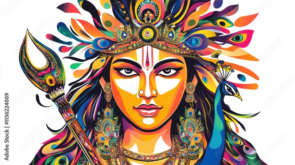 Vibrant illustration of a goddess with peacock, symbolizing strength and culture. Vibrant illustration of a goddess with peacock, symbolizing strength and culture.