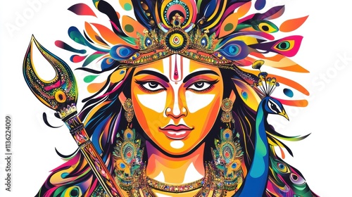 Vibrant illustration of a goddess with peacock, symbolizing strength and culture.