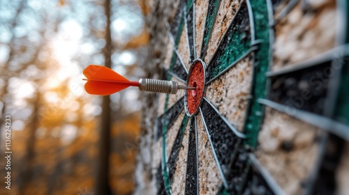 A vivid red dart strikes the bullseye on an outdoor dartboard, symbolizing precision and success amidst an autumnal setting. photo