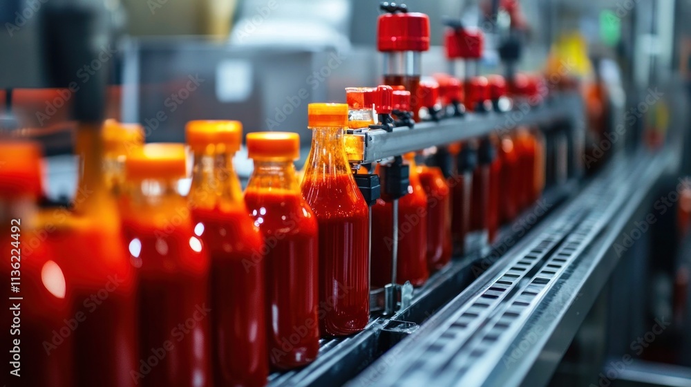 Inside a sauce production line factory, with automated machines mixing, heating, and bottling sauces for distribution. Inside a sauce production line factory, with automated machines mixing, heating, and bottling sauces for distribution.