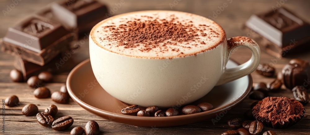 Mocha in cup with chocolate and coffee beans. Mocha in cup with chocolate and coffee beans.