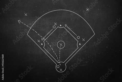 Baseball equipment consisting of glove, helmet, bat and baseball with background play strategy drawn on chalk board.
