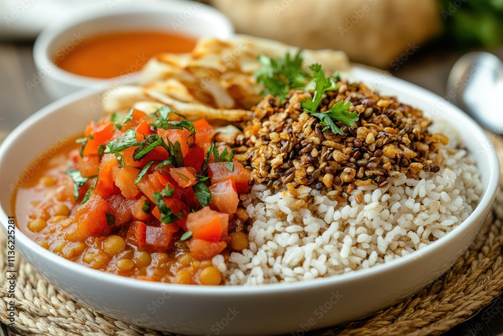 A bowl of rice with lentil curry, fresh tomato salad, and flatbread, showcasing a wholesome meal. A bowl of rice with lentil curry, fresh tomato salad, and flatbread, showcasing a wholesome meal.