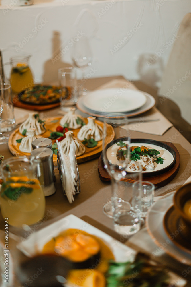 Georgian dishes on the restaurant table Georgian dishes on the restaurant table