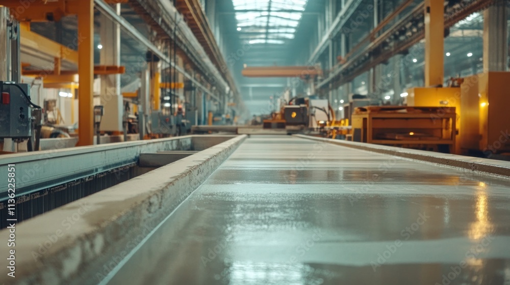 The automated production line of concrete slabs, with machines pouring, forming, and curing slabs in a large plant. The automated production line of concrete slabs, with machines pouring, forming, and curing slabs in a large plant.
