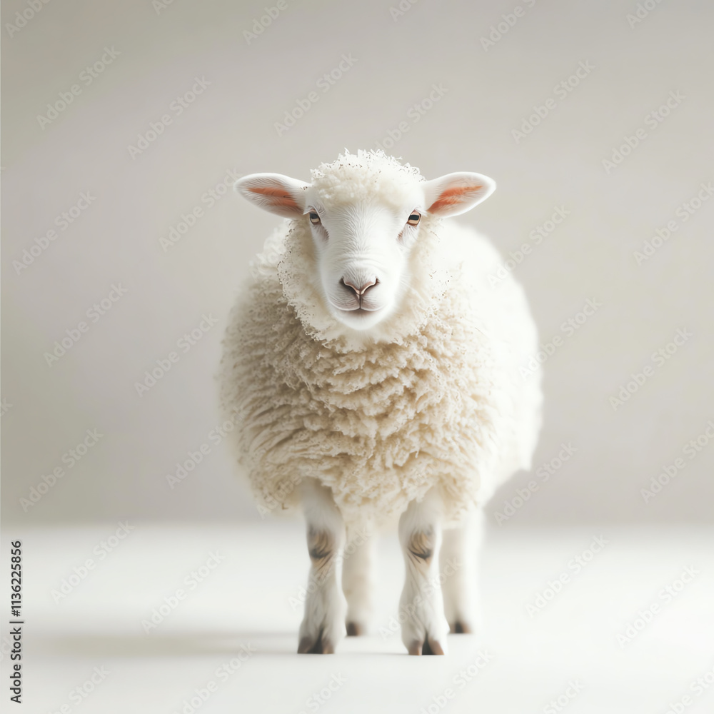 Fototapeta premium A cute white sheep standing confidently on a neutral background.