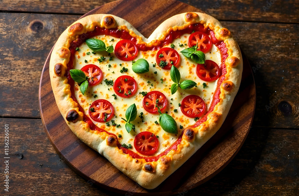 Delicious heart-shaped pizza with mozzarella, tomatoes and basil on a wooden background Delicious heart-shaped pizza with mozzarella, tomatoes and basil on a wooden background