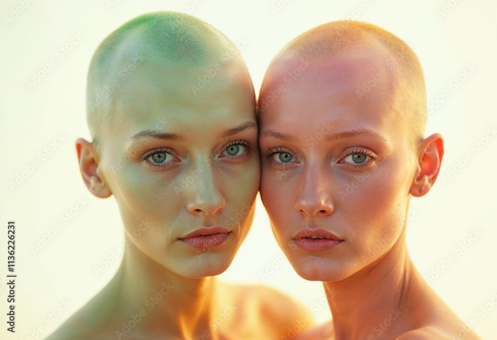 Two Women with Shaved Heads in a Close Connection Sensual and Intimate Couple Romantic Portrait Two Women with Shaved Heads in a Close Connection Sensual and Intimate Couple Romantic Portrait
