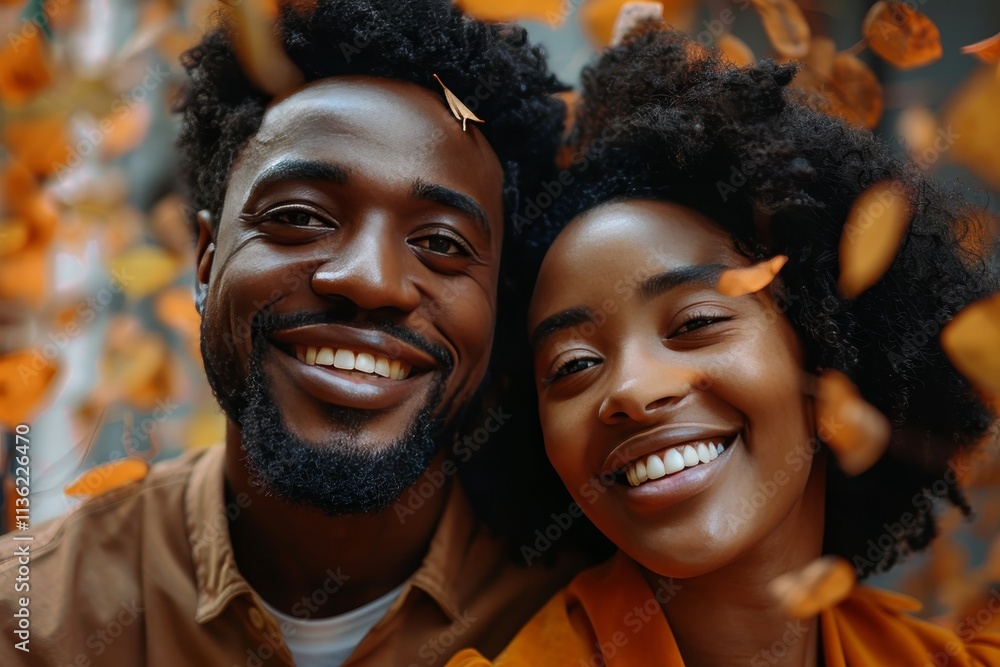 Joyful african couple embracing love amidst vibrant autumn leaves celebrating fall s beauty Joyful african couple embracing love amidst vibrant autumn leaves celebrating fall s beauty