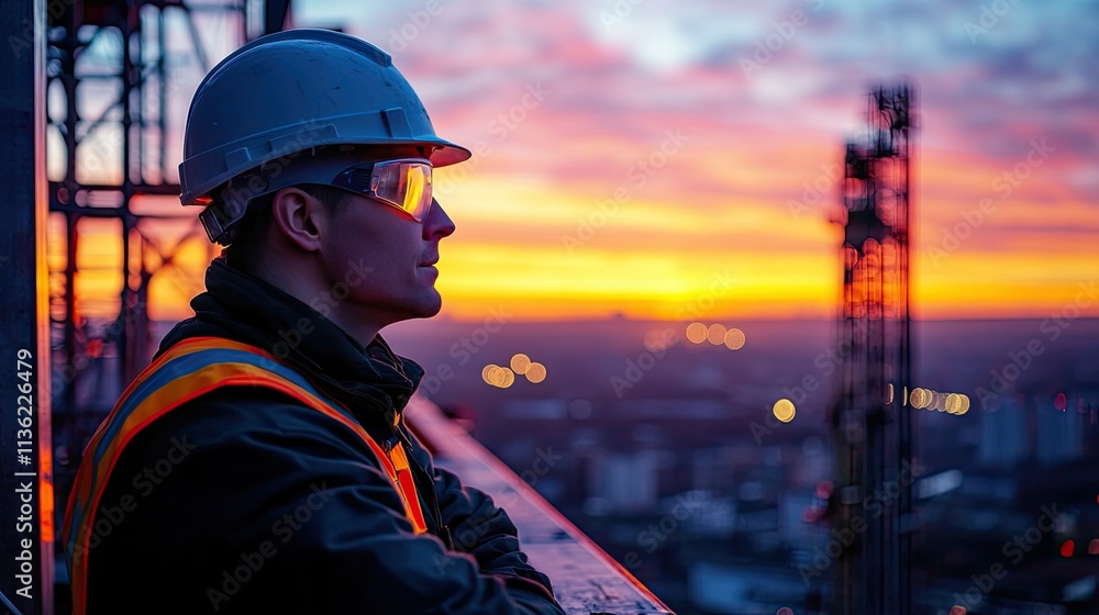 A construction worker ensures accuracy with a laser level on a skyscraper\'s steel frame during early morning light at sunrise A construction worker ensures accuracy with a laser level on a skyscraper\'s steel frame during early morning light at sunrise
