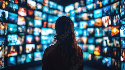 Individual engages with an extensive digital library filled with numerous media thumbnails for streaming and online consumption