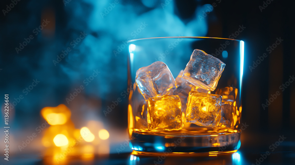 A close-up of a glass with ice cubes and a smoky background, perfect for beverage themes. A close-up of a glass with ice cubes and a smoky background, perfect for beverage themes.